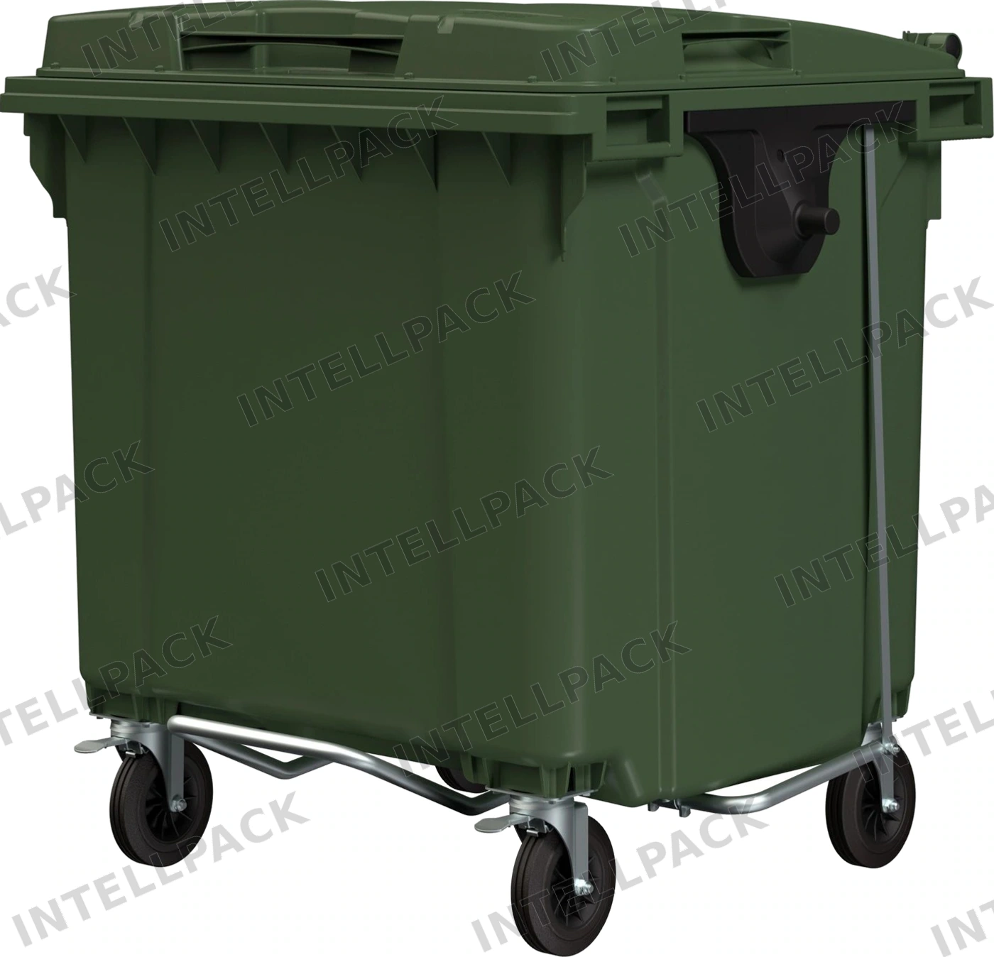 Мусорный контейнер 1100 л iPlast зелёный 4-колёсный с зелёной крышкой и педалью открывания