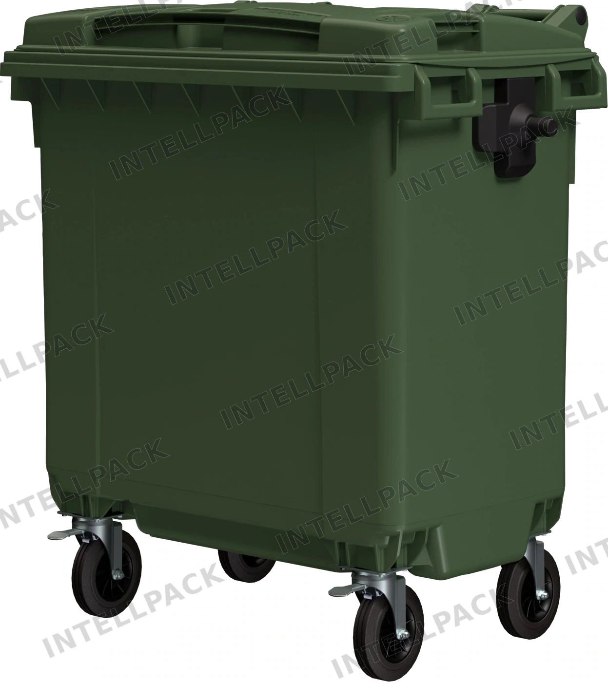 Мусорный контейнер 770 л iPlast зелёный 4-колёсный с зелёной крышкой