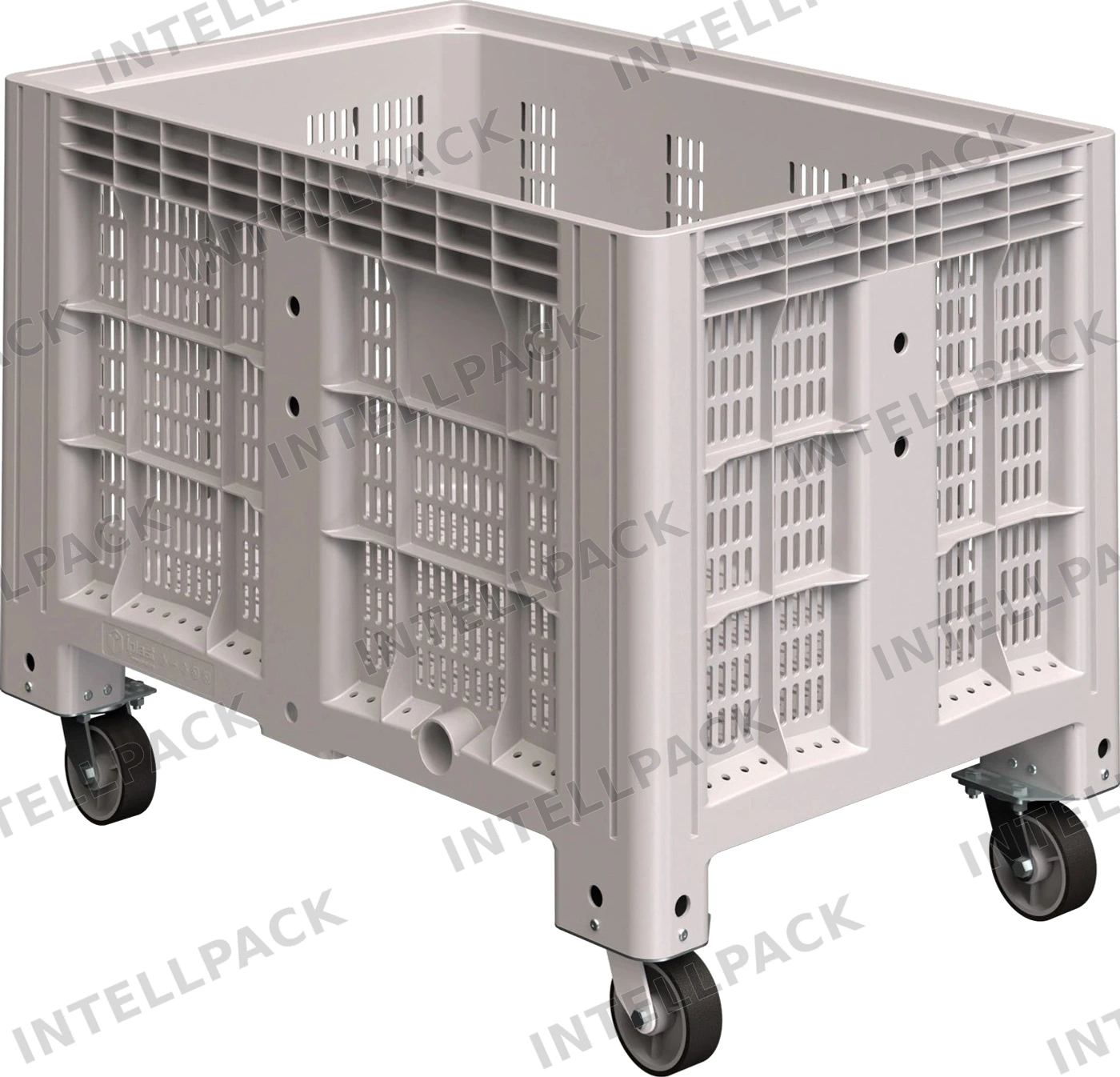 Большой контейнер 1200x800x920 мм iPlast iBOX светло-серый c перфорированными стенками и дном, на колёсах