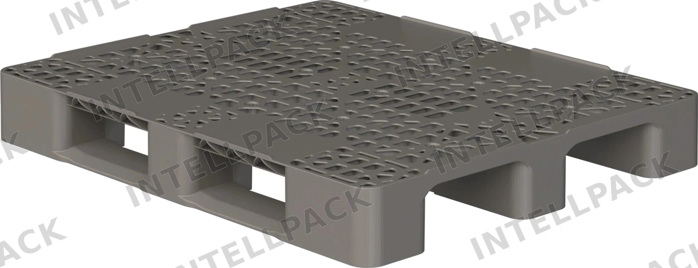 Пластиковый паллет 1200x1000x150 мм iPlast серый многооборотный перфорированный на 3 полозьях с бортиком