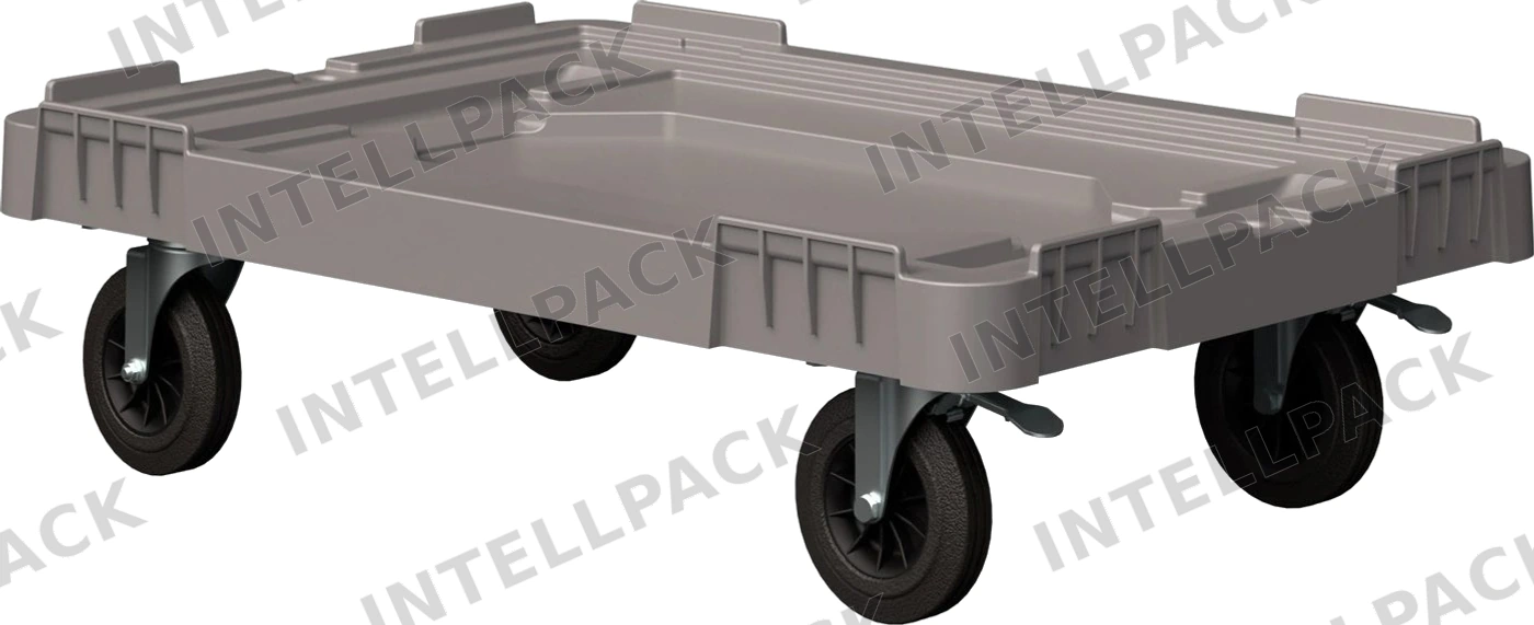 Складская тележка 620х420х185 мм iPlast серая 4-колёсная (2 колеса с тормозом) с 2 трубами усиления
