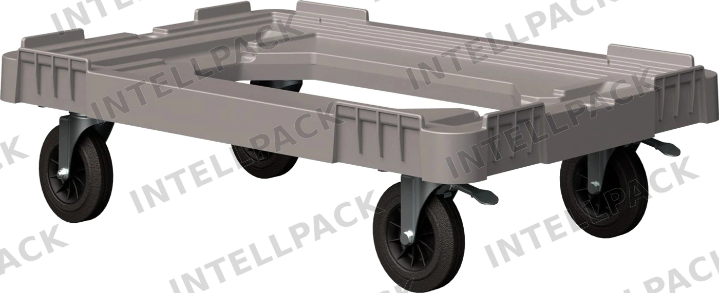 Складская тележка 620x420x185 мм iPlast серая 4-колёсная (2 колеса с тормозом) с отверстием